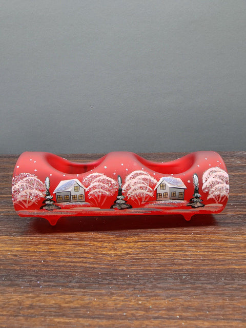 Red Glass Double Candle Holder  - White Church Yule Log Style