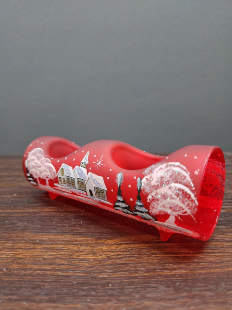 Red Glass Double Candle Holder  - White Church Yule Log Style