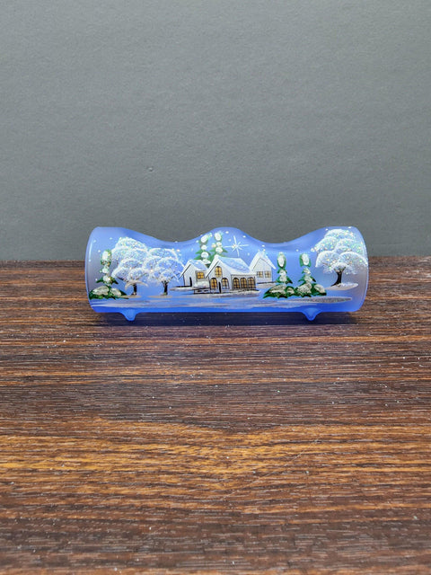 Light Blue Glass Double Candle Holder  - White Cabins  Yule Log Style