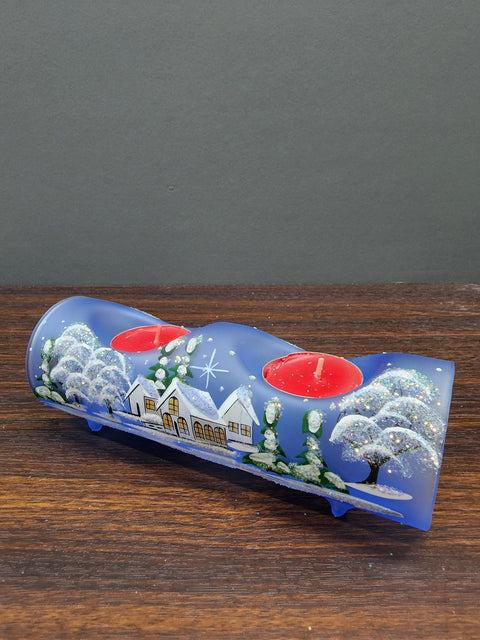 Light Blue Glass Double Candle Holder  - White Cabins  Yule Log Style