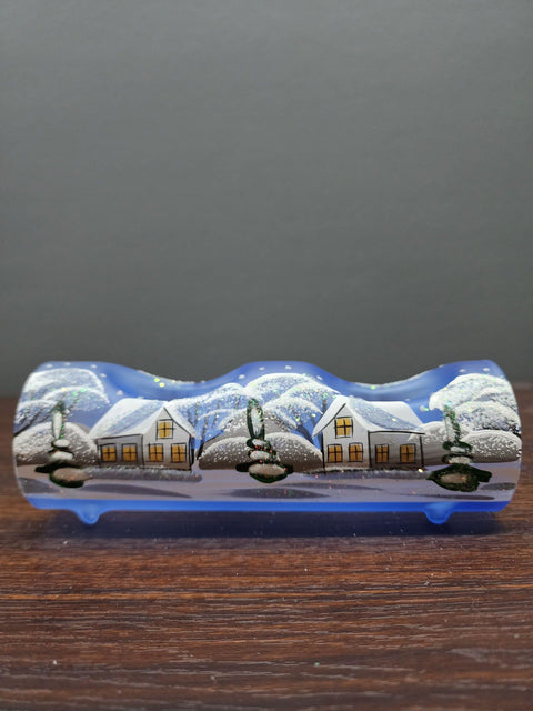 Light Blue Glass Double Candle Holder  - White Church Yule Log Style