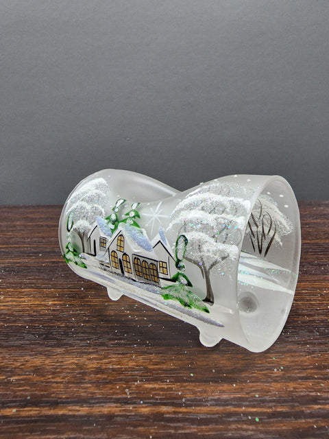 Frosted Glass Single Candle Holder  - White Cabins  Yule Log Style