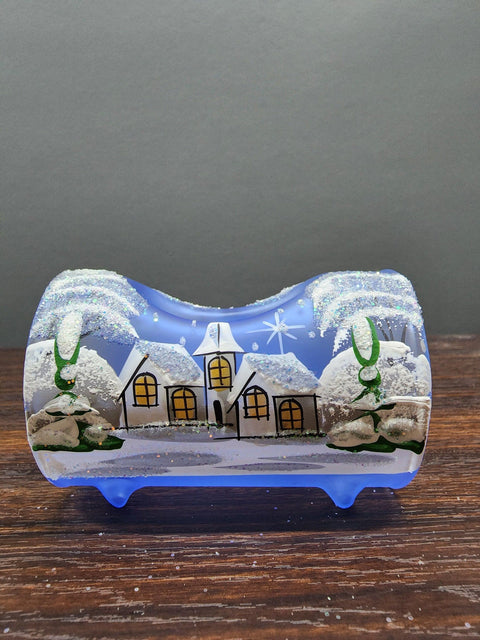 Light Blue Glass Single Candle Holder - White Cabins Yule Log Style