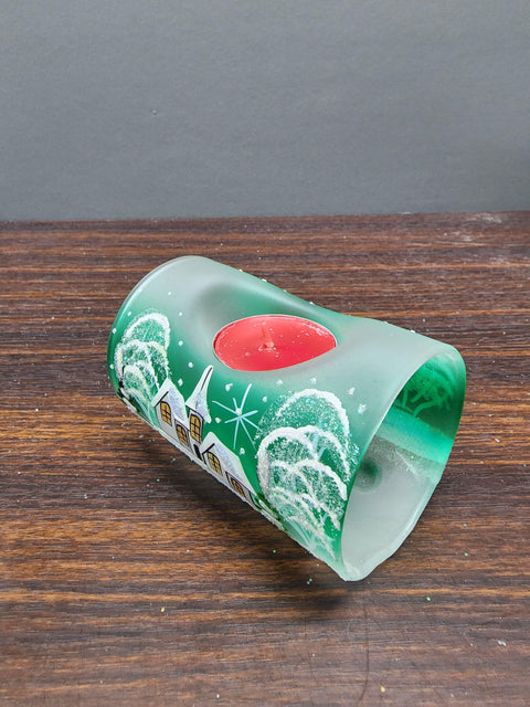 Green Glass Single Candle Holder  - White Church Yule Log Style