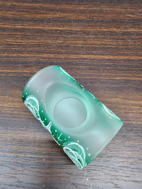 Green Glass Single Candle Holder  - White Church Yule Log Style