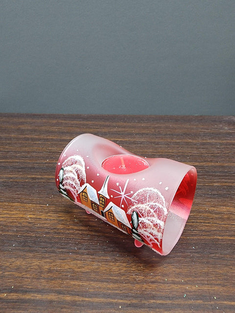 Red Ombre Glass Single Candle Holder  - Brown Church  Yule Log Style