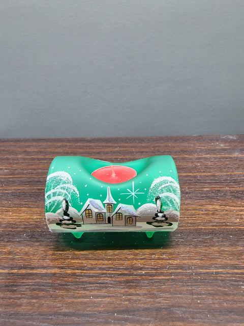 Green Glass Single  Candle Holder - White Church Yule Log Style