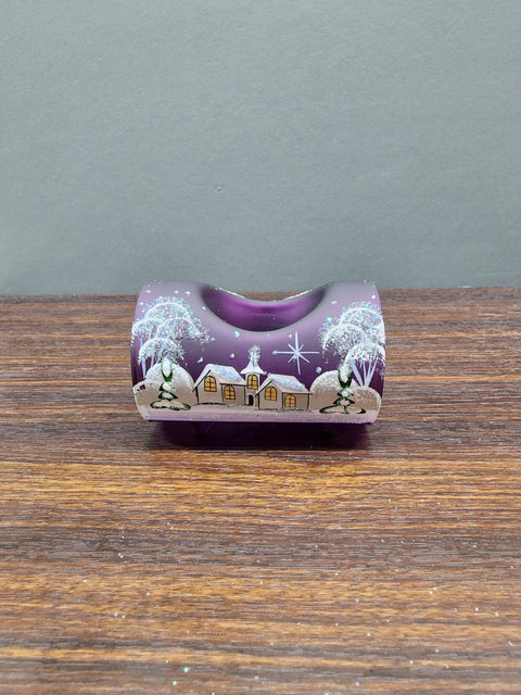 Purple Glass Single Candle Holder - White Church Yule Log Style