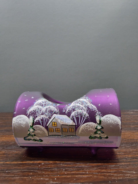 Purple Glass Single Candle Holder - White Church Yule Log Style