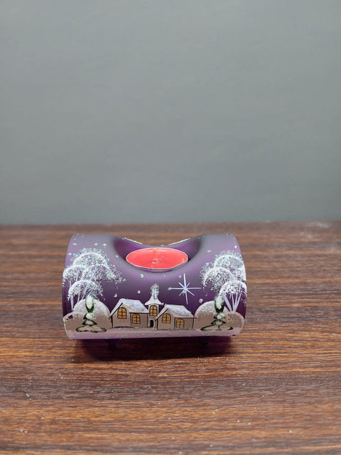 Purple Glass Single Candle Holder - White Church Yule Log Style