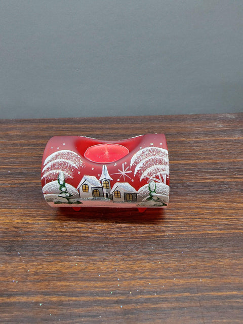 Red Glass Single Candle Holder  -  White Cabins  Yule Log Style