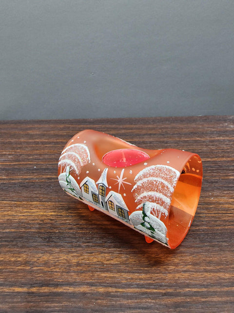 Orange Glass Single Candle Holder - White Church Yule Log Style