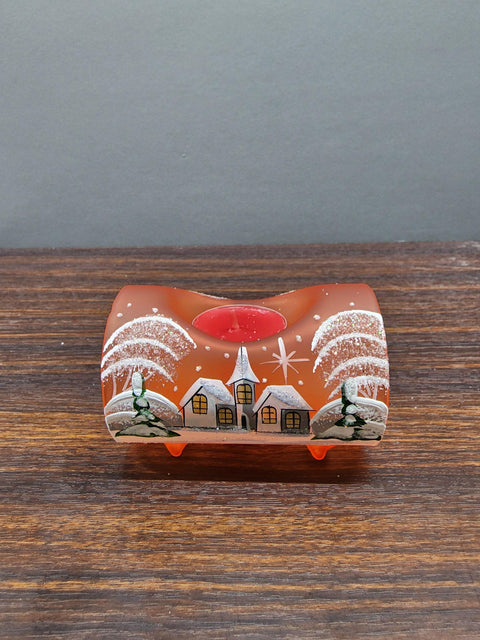 Orange Glass Single Candle Holder - White Church Yule Log Style