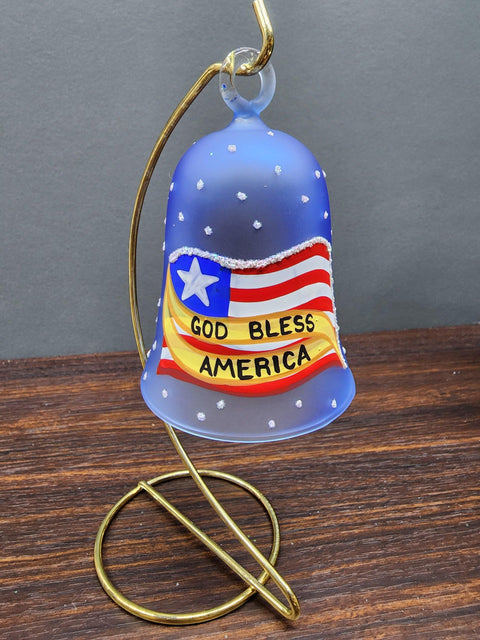 Light Blue Blown Glass Bell Ornament – Liberty Bell Design with Clapper