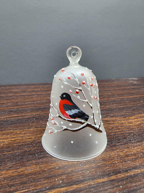 Frosted Blown Glass Bell Ornament – Finch Design with Clapper