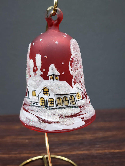 Red Blown Glass Bell Ornament –  White Church Design with Clapper