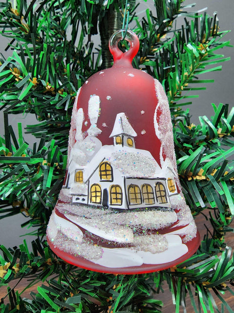 Glass Bell Ornament Winter Cottage