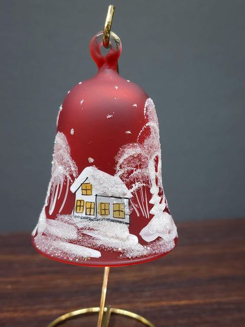 Red Blown Glass Bell Ornament –  White Church Design with Clapper