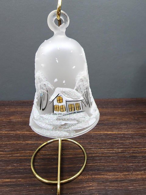 Frosted Blown Glass Bell Ornament –  White Church Design with Clapper