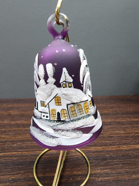 Purple Blown Glass Bell Ornament – White Church Design with Clapper