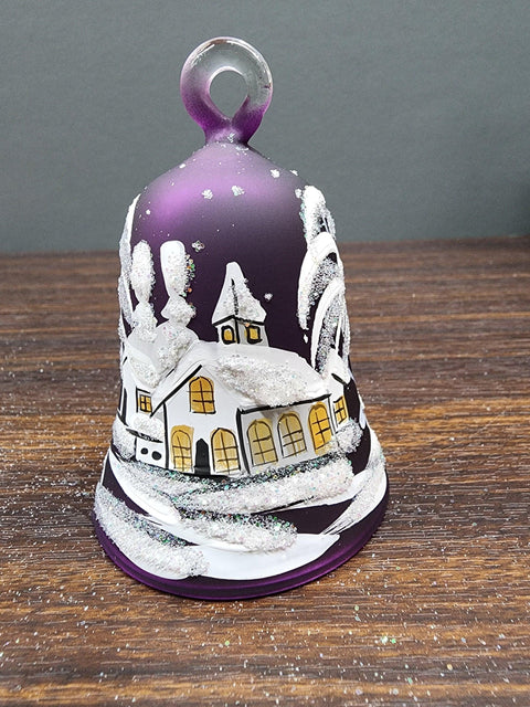 Purple Blown Glass Bell Ornament – White Church Design with Clapper