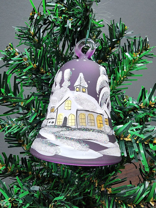 Glass Bell Ornament Winter Cottage