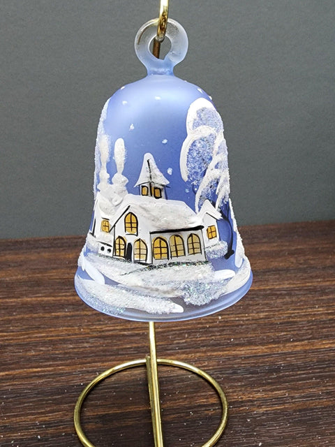 Light Blue Blown Glass Bell Ornament – White Church Design with Clapper