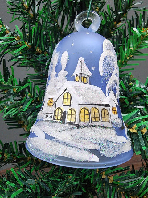 Glass Bell Ornament Winter Cottage