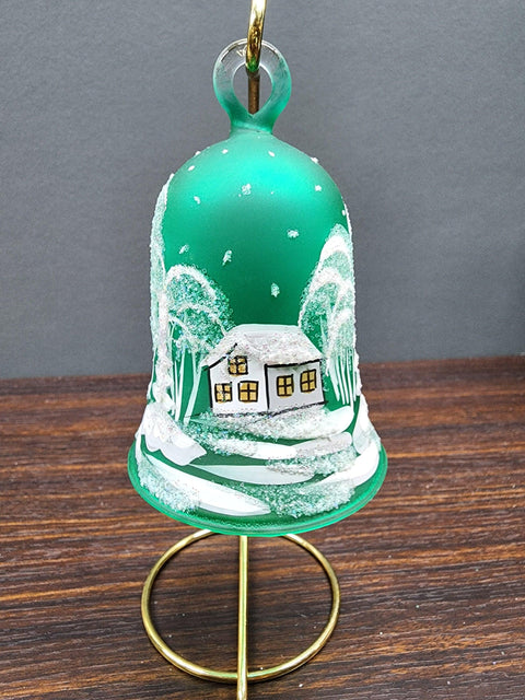 Green Blown Glass Bell Ornament –  White Church Design with Clapper