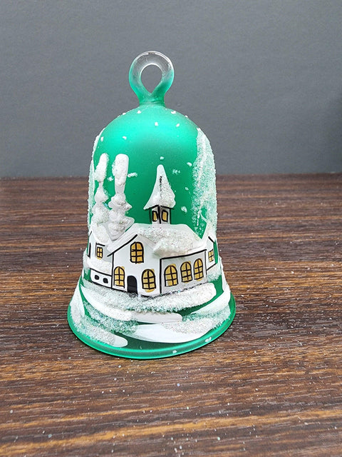 Green Blown Glass Bell Ornament –  White Church Design with Clapper