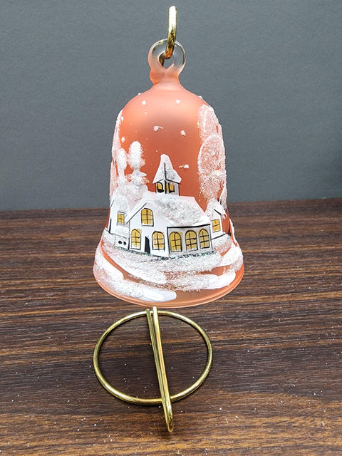 Orange Blown Glass Bell Ornament –  White Church Design with Clapper