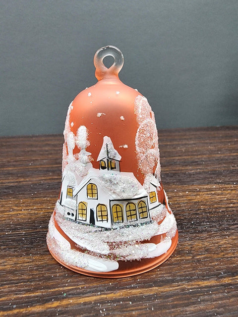 Orange Blown Glass Bell Ornament –  White Church Design with Clapper