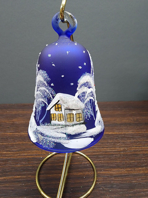 Blue Blown Glass Bell Ornament –  White Church Design with Clapper