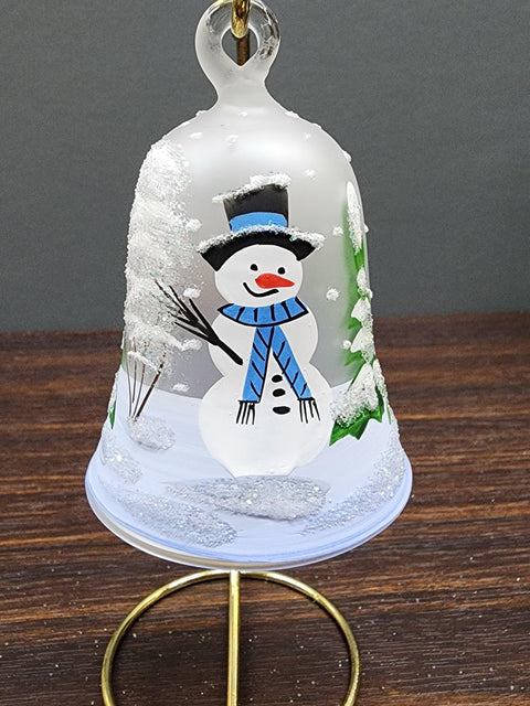 Frosted Blown Glass Bell Ornament - Snowman Design with Clapper