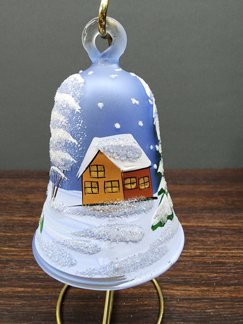 Light Blue Blown Glass Bell Ornament –  Snowman Design with Clapper