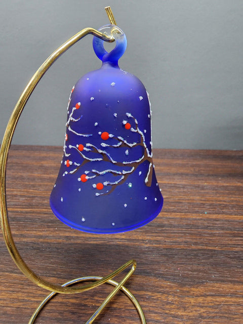 Blue Blown Glass Bell Ornament – Red Cardinal Design with Clapper