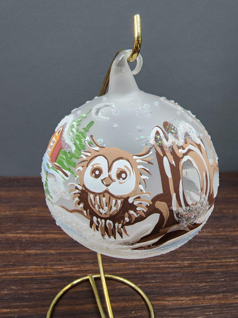 Frosted Blown Glass Ornament - Handcrafted - Fun Owl Design