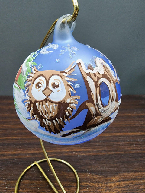 Light Blue Blown Glass Ornament - Handcrafted - Fun Owl Design