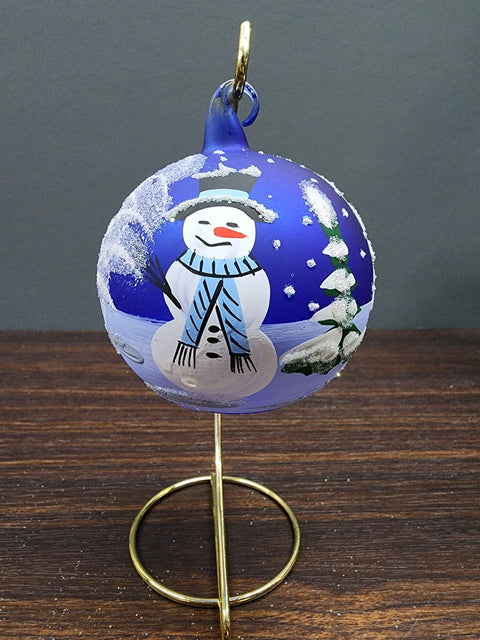 Blue Blown Glass Ornament - Handcrafted -  Snowman Design