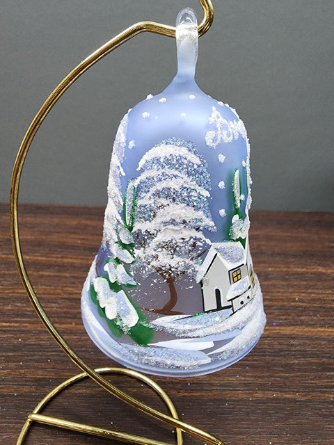 Light Blue Blown Glass Bell Ornament – Brooklyn Bridge Design with Clapper