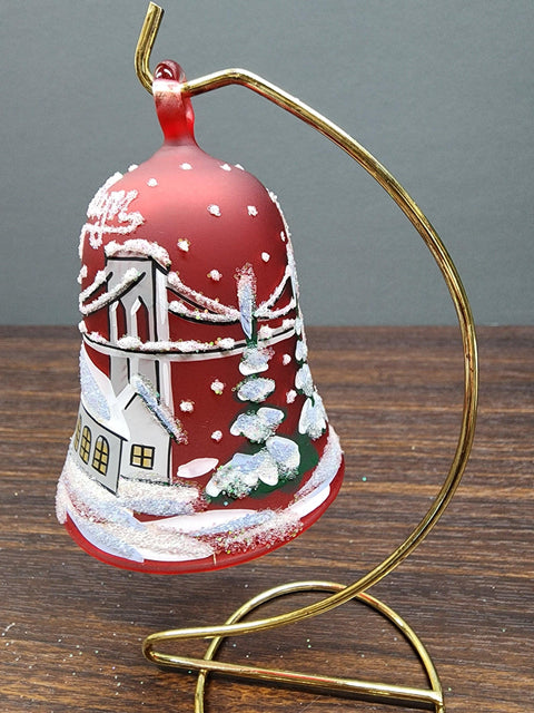 Red Blown Glass Bell Ornament –  Brooklyn Bridge Design with Clapper