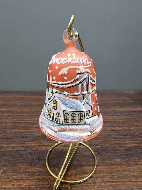 Orange Blown Glass Bell Ornament –  Brooklyn Bridge Design with Clapper