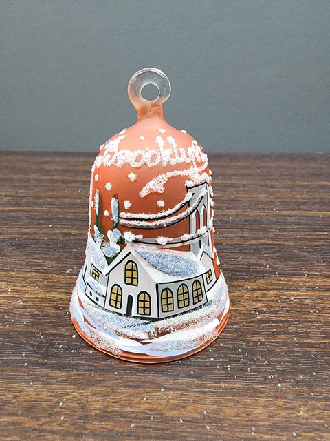 Orange Blown Glass Bell Ornament –  Brooklyn Bridge Design with Clapper