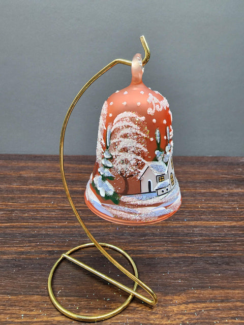 Orange Blown Glass Bell Ornament –  Brooklyn Bridge Design with Clapper