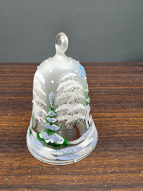 Frosted Blown Glass Bell Ornament - Handcrafted - Brooklyn Bridge Design With Clapper