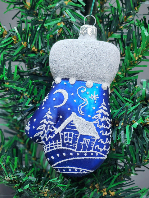 Hand Decorated Glass Keepsake Ornament - Charming Large Blue Mitten Design