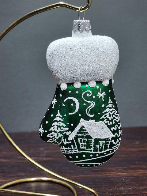 Hand Decorated Glass Keepsake Ornament - Charming Large Green Mitten Design