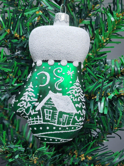 Hand Decorated Glass Keepsake Ornament - Charming Large Green Mitten Design