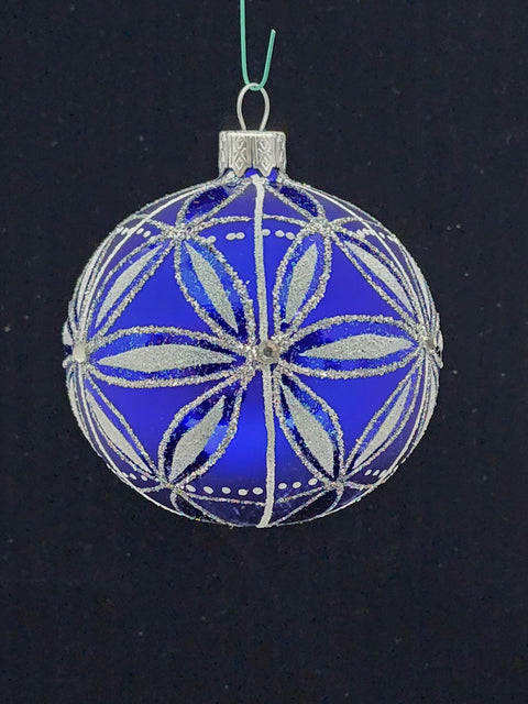 Blown Blown Glass Ornament - Handcrafted - Blue Daisy Bauble Design