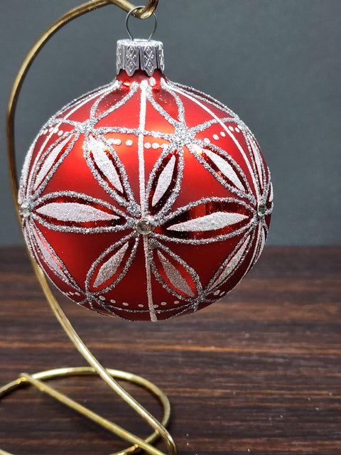 Red Blown Glass Ornament - Handcrafted - Daisy-like Design